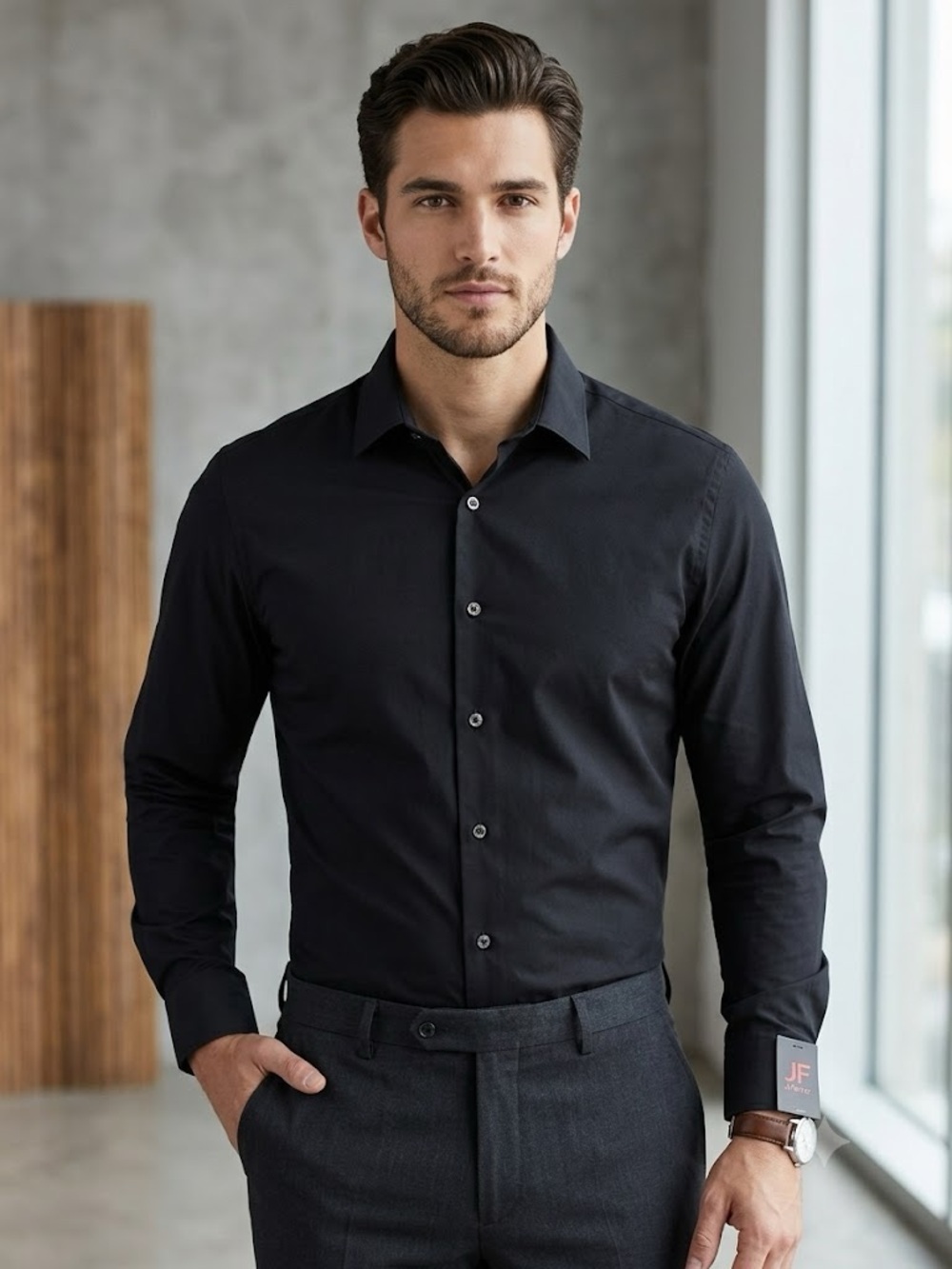 jf j.ferrar Black Long-Sleeve Button-Down Dress Shirt - Picture 2 of 5